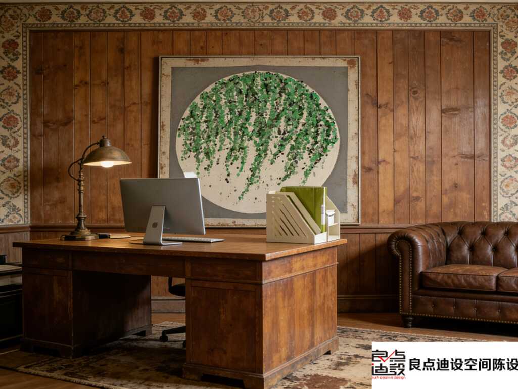 谁懂啊!复古办公空间装修软装设计玩出高级感✨老木墙+皮沙发+艺术画太绝了​